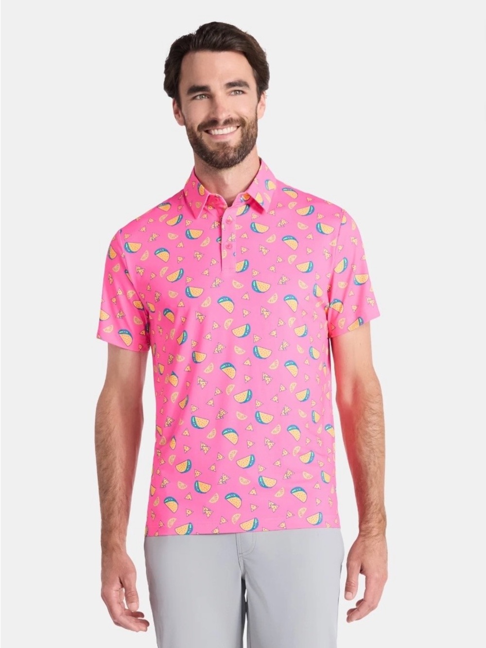 Birdie Bound Hot Pink Taco Novelty Print Polo Shirt